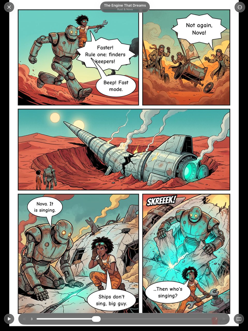 Pagina di fumetto e controlli del lettore in Yomu su iPad